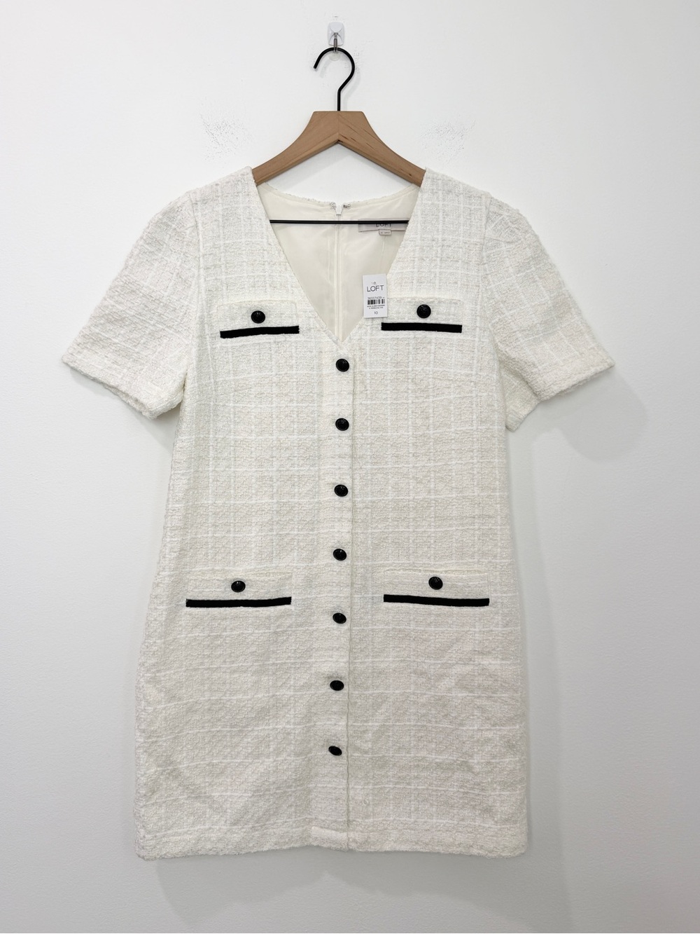 LOFT Tweed Button Front Shift Dress Black & Ivory Trim NWT Size 10
